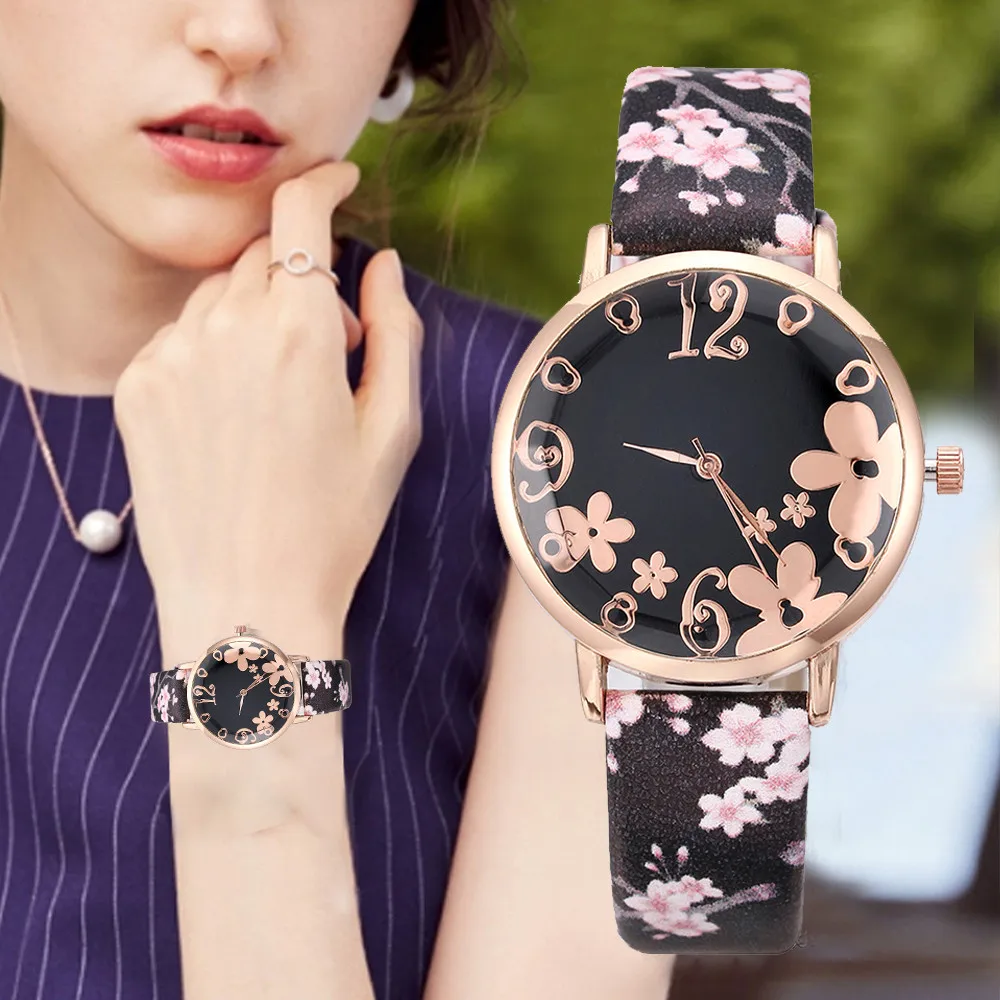 

Women Fashion Watch Embossed Flowers Small Fresh Printed Belt Round Glass Student Female Quartz Watch