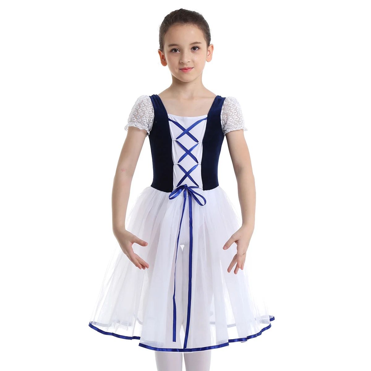 IIXPIN романтическая пачка балетные костюмы Жизель для девочек детское вельветовое длинное фатиновое платье для катания на коньках балерина с короткими рукавами кружевное летнее платье - Цвет: Navy Blue
