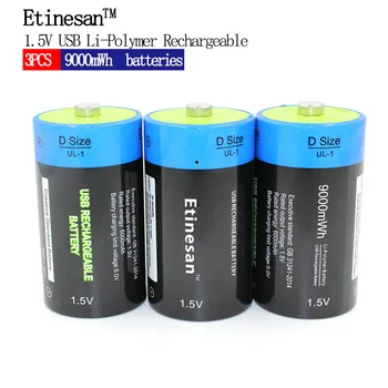 

3pcs/lot Etinesan 1.5v li-polymer 9000mWh D size rechargeable D battery D type USB powerful li-ion battery