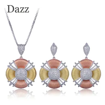 

Dazz Exquisite Three Tones Color Round Pendant Necklace Dangle Earring Sets Shining Zircon Copper Jewelry For Women Party Bijoux