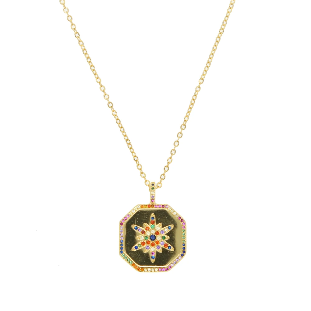 Высокое качество геометрический гексгон кулон ожерелье золотого цвета гравированные cz northstar starburst перстень ожерелья для женщин - Окраска металла: rainbow cz