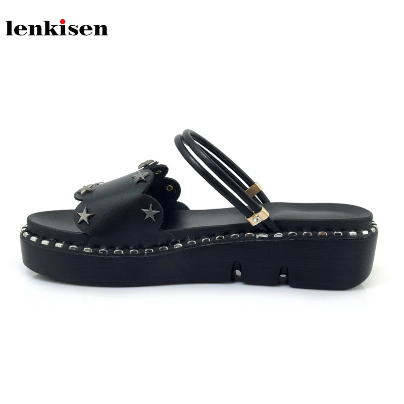 Lenkisen 2018 new PU big size platform summer sweet style med heel wedges mules metal decoration shoes solid women sandals L9f9 lenkisen genuine leather big size wedges summer shoes gladiator super high heels straw platform sweet style women sandals l45