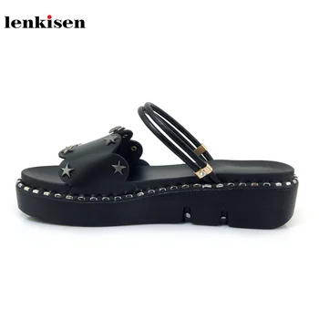 

Lenkisen 2018 new PU big size platform summer sweet style med heel wedges mules metal decoration shoes solid women sandals L9f9