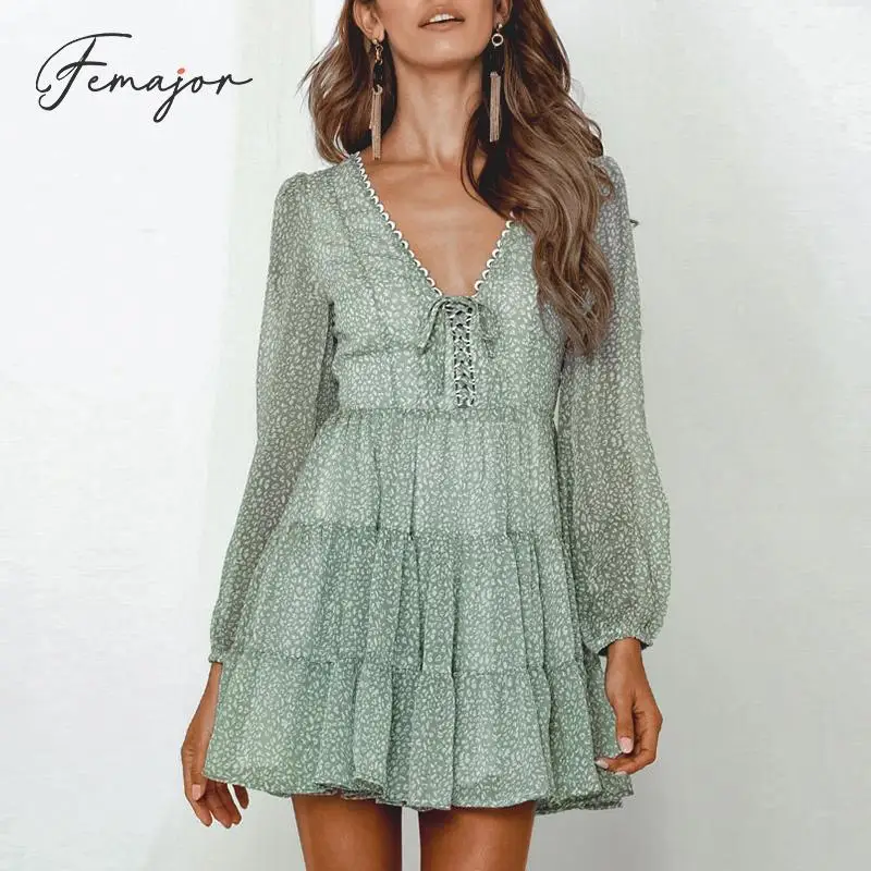 

Femajor Women Summer Green Print High Waist Short Dress Female Casual V Neck Long Sleeves Mini Dress Holiday Chiffon Vestidos