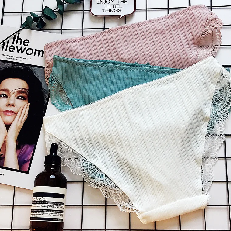 Hanguofeng thread cotton sports white pure color lovely lace edge pure cotton sexy lady mid-waist triangular underwear