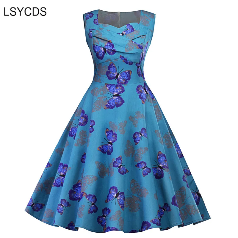

LSYCDS Butterfly Print Vintage Dresses Women 2018 V Neck Sleeveless Blue Retro Casual Party 50s 60s Ladies Dresses