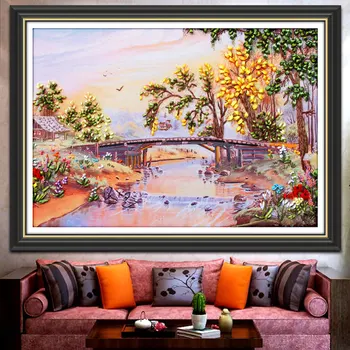 

80X60cm Landscape DIY Ribbon Embroidery Fashion 3d Print Cross Stitch Kit Needlework Unfinished Wall Painting Craft Gift