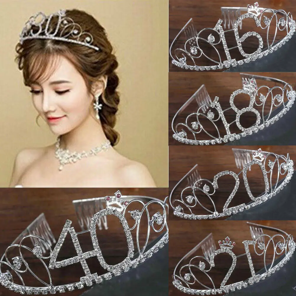 

Cute Women Anniversary Birthday 18-40th Silver Rhinestone Tiara Crown Headband Rhinestone Crown Headdress