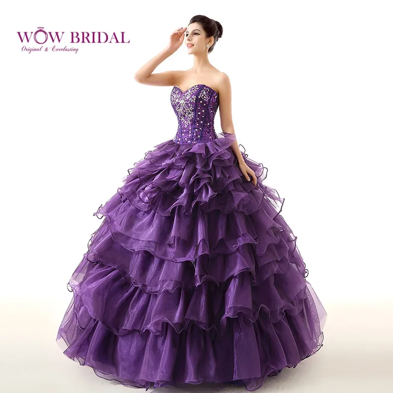 Wowbridal Элегантный Quinceanera Платье Милая С Плеча Кристалл Блестки Бисера Органзы Многоуровневое Раффлед Бальное платье