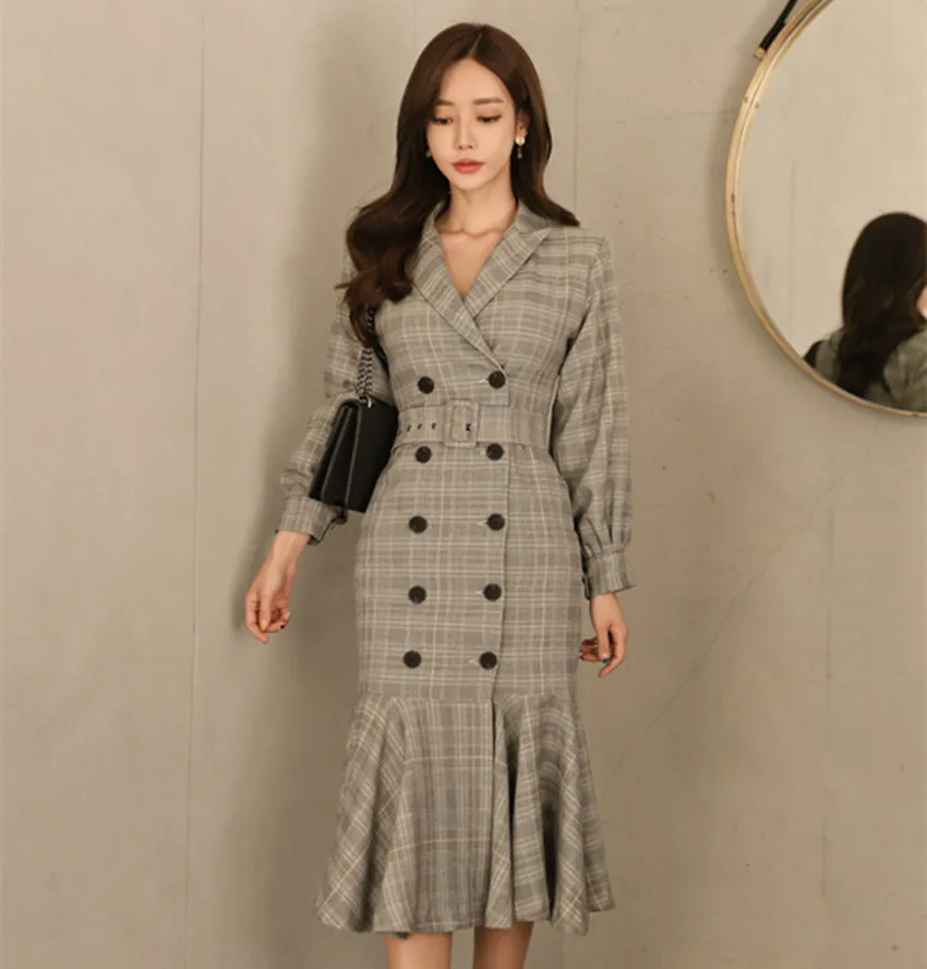 Корейское подиумное облегающее женское платье-Русалка, модное осеннее клетчатое платье с оборками, двубортное облегающее платье, официальное платье с зубчатым поясом