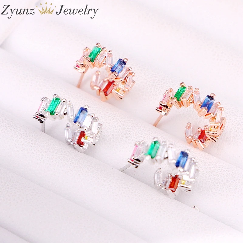 

10Pairs, 14mm, Rainbow cz micro pave Zircon Stone Half Circle Stud Earrings women Jewerly Stud