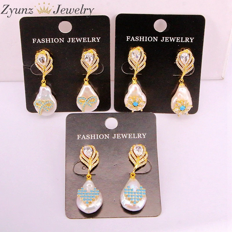 

3Pairs, Fashion Drop Dangle Earring, Micro Pave CZ and Blue Stones Gold Color Nature Pearl Earrings