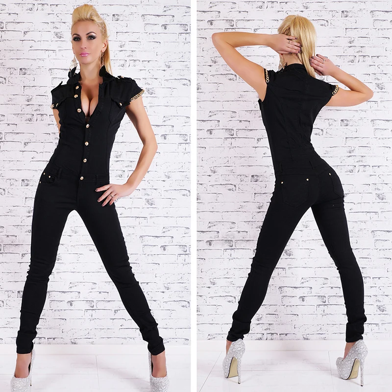 

Hot Sale Denim Long Jumpsuit Womens Sexy Deep V Neck Jean Jumpsuits Buttons Chain Black Overalls For Women Rompers