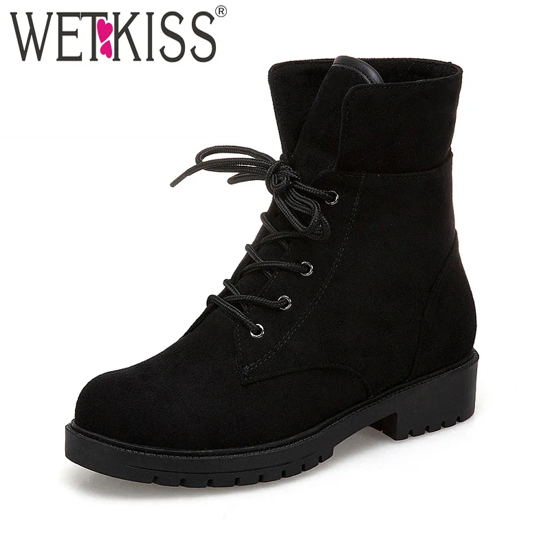 

WETKISS Winter Women Ankle Boots Round Toe Flock Platform Footwear Thick Heels Motorcycle Girl Boot Cross Tied Shoes Women 2018