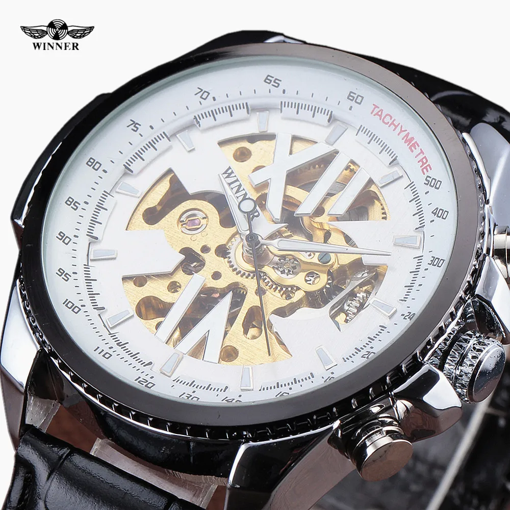 

WINNER New Fashion Clock Men Luxury Steel Case Tachymeter Automatic Roman Military Skeleton Mechanical Watches Leather Strap