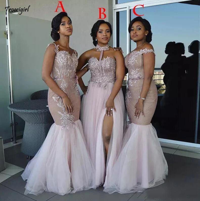 

African Long Mixed Style Appliques Off Shoulder Mermaid Prom Dress Split Side Maid Of Honor Dresses Evening