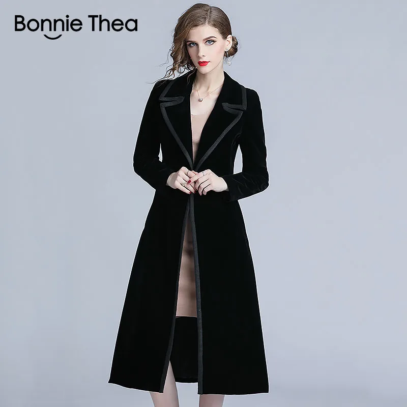 Женское вельветовое пальто Bonnie Thea черная длинная куртка для работы в офисе на