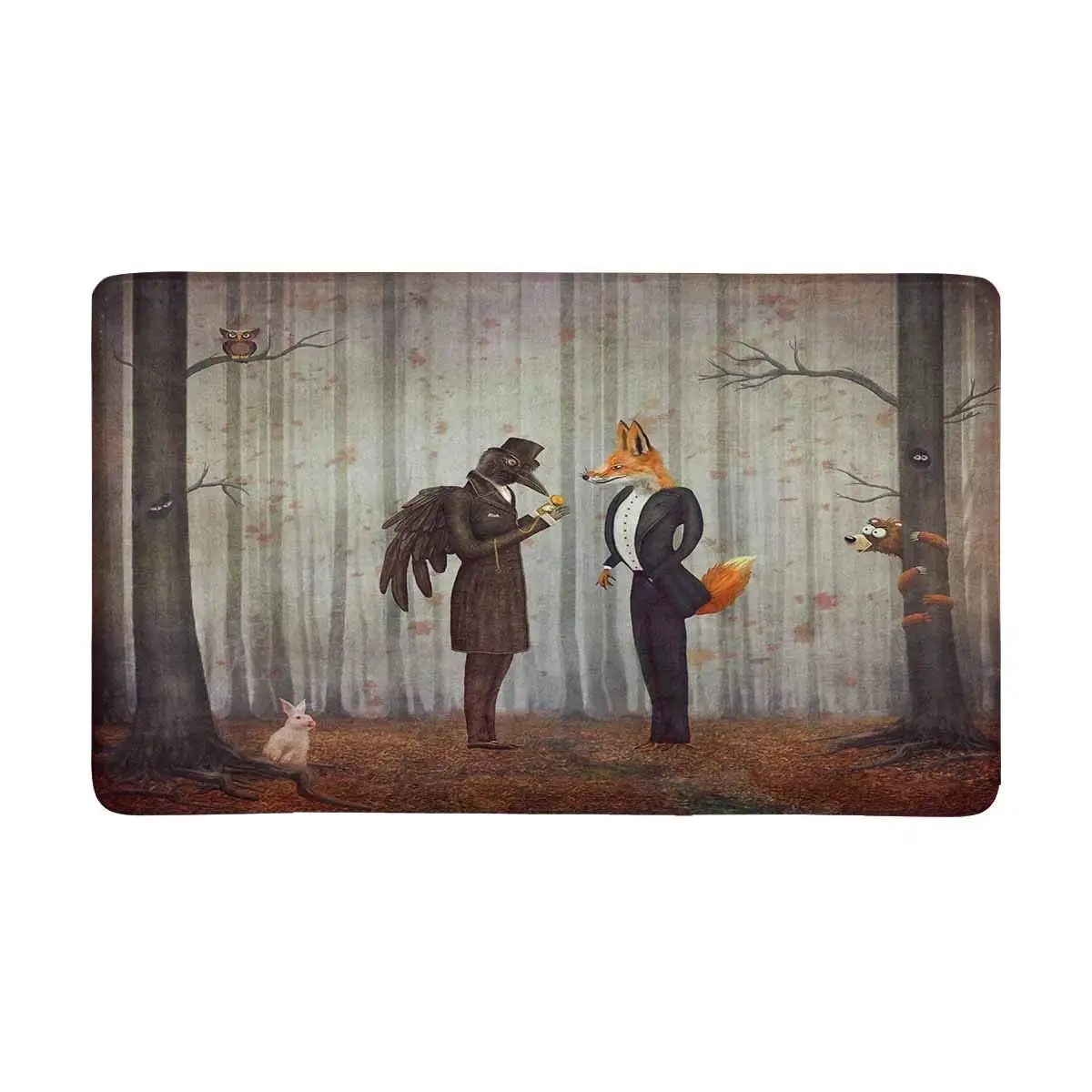 

Raven Fox in Dark Forest Looking at The Watch Doormat Anti-Slip Entrance Mat Floor Rug Indoor Front Door Mats Home Decor