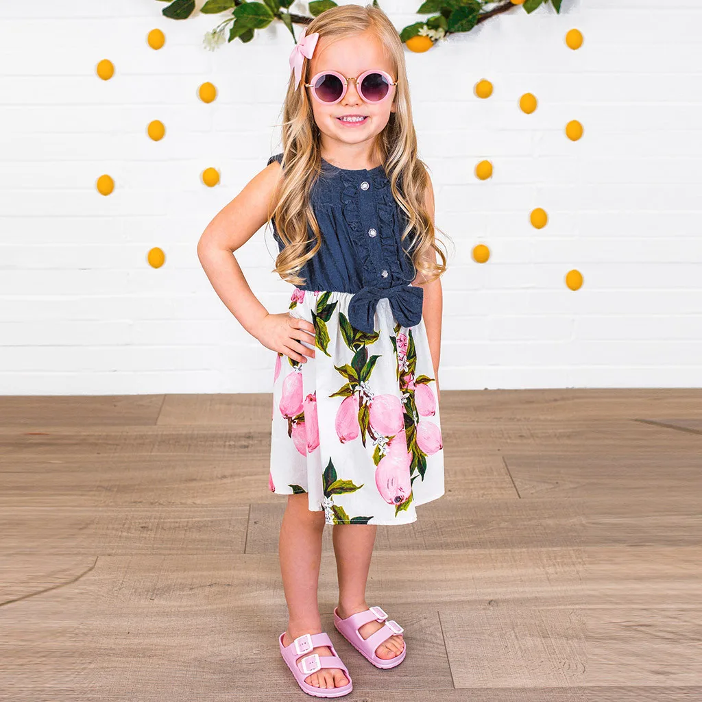 Милое летнее джинсовое платье с принтом персикового и лимонного цветов; платье без рукавов с принтом лимонного и персикового цветов для маленьких девочек; комбинированные джинсовые платья; F4