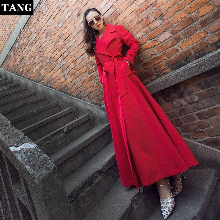 

Tang 2019 new spring women coat casual long sleeves trench coat red elegant turn-down collar long coat