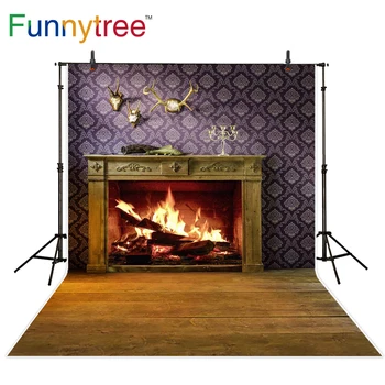 

Funnytree photography backdrops fireplace room christmas chimney cozy interior home vintage holiday photocall photo background