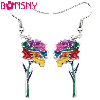 

Bonsny Enamel Alloy Floral Rose Earrings Dangle Drop Big Long Fashion Flower Jewelry For Girls Women Ladies Unique Accessories