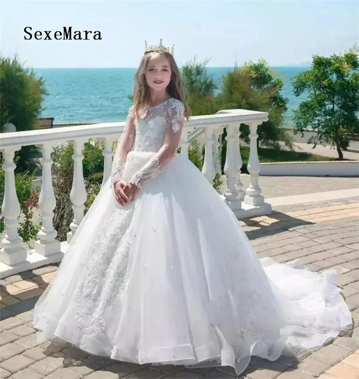 2018 Princess Long Sleeves White Flower Girl Dresses Lace Applique Jewel Neck Pageant Dresses Communion Birthday Party Dress white v neck lace up long sleeves irregular hem sweater