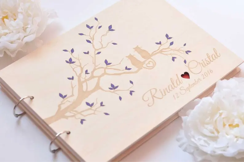 

Love Cat Wood Wedding Guest Book Photo Guestbook Personalized Wooden Photalbum Family Anniversary Gift For Parents