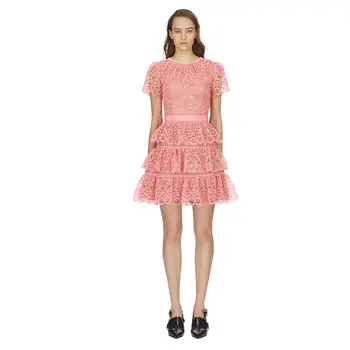 

2019 Cake Dress Sexy Celebrity Mini Patchwork Pink Lace Women Hollow Out Short Night Club Body con Party Dresses Wholesale
