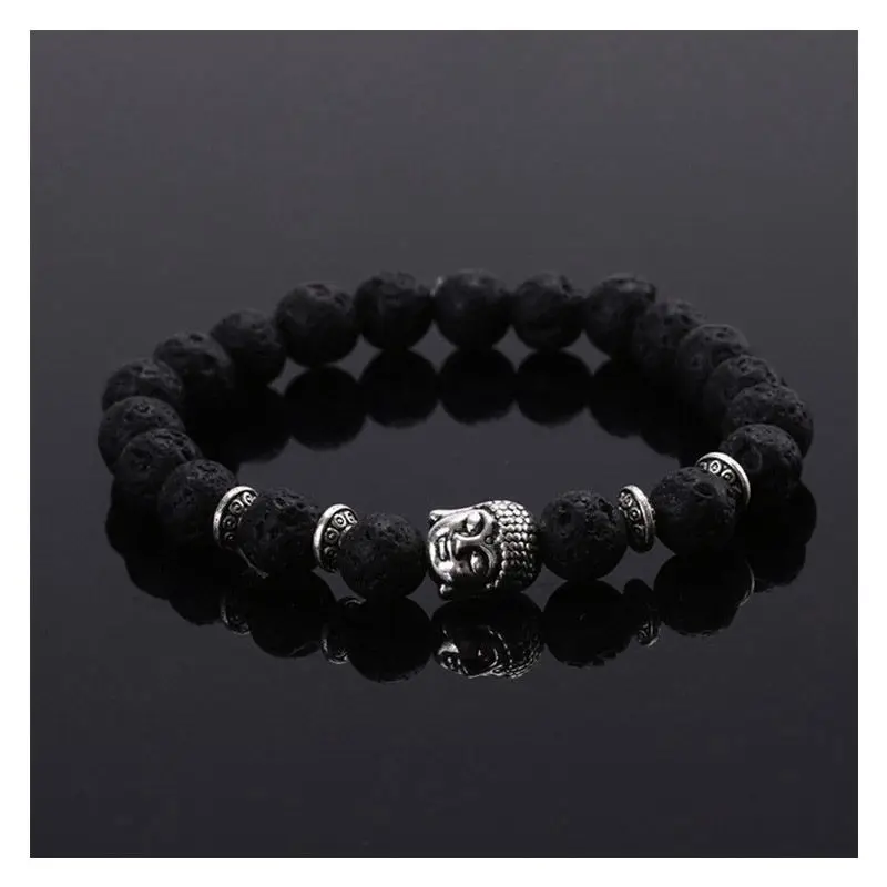 

Men Natural Lava Rock Beads Bracelet Buddha Head Charm Beaded Bracelet Black