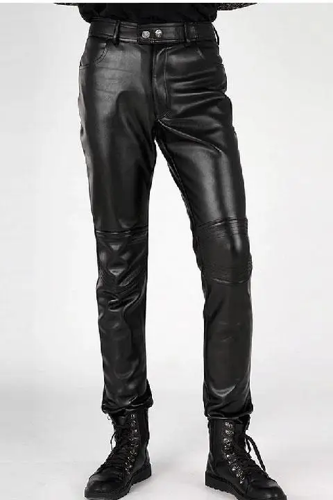 Хит, новые весенние мужские кожаные штаны для ночного клуба, корейские облегающие мужские мотоциклетные брюки 28-39 - Цвет: Черный