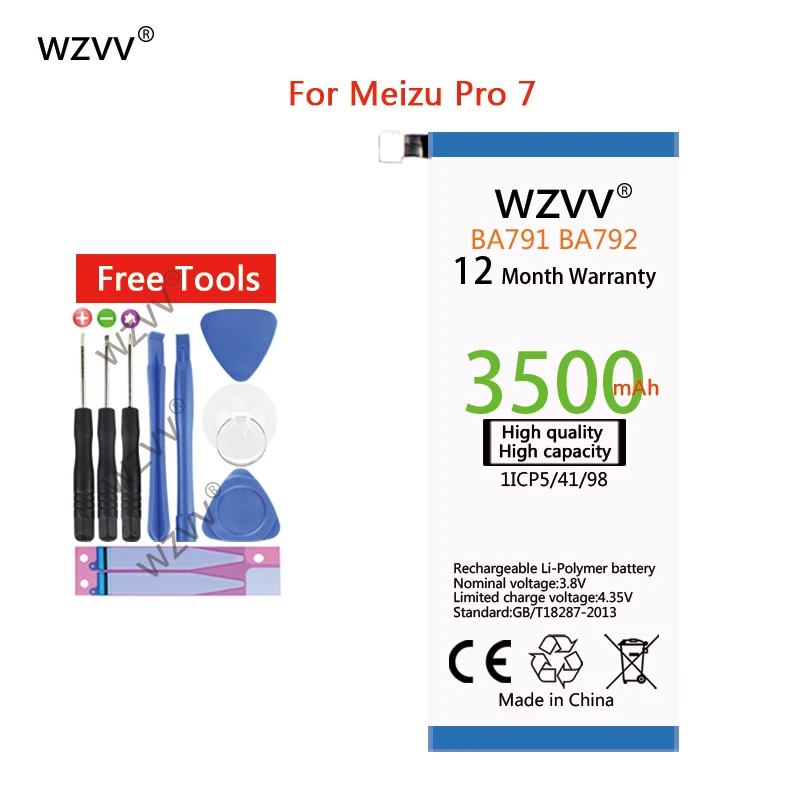 

wzvv 3500mAh Li-Polymer Battery BA791 BA792 for Meizu Pro 7 High Quality Replacement Batteries