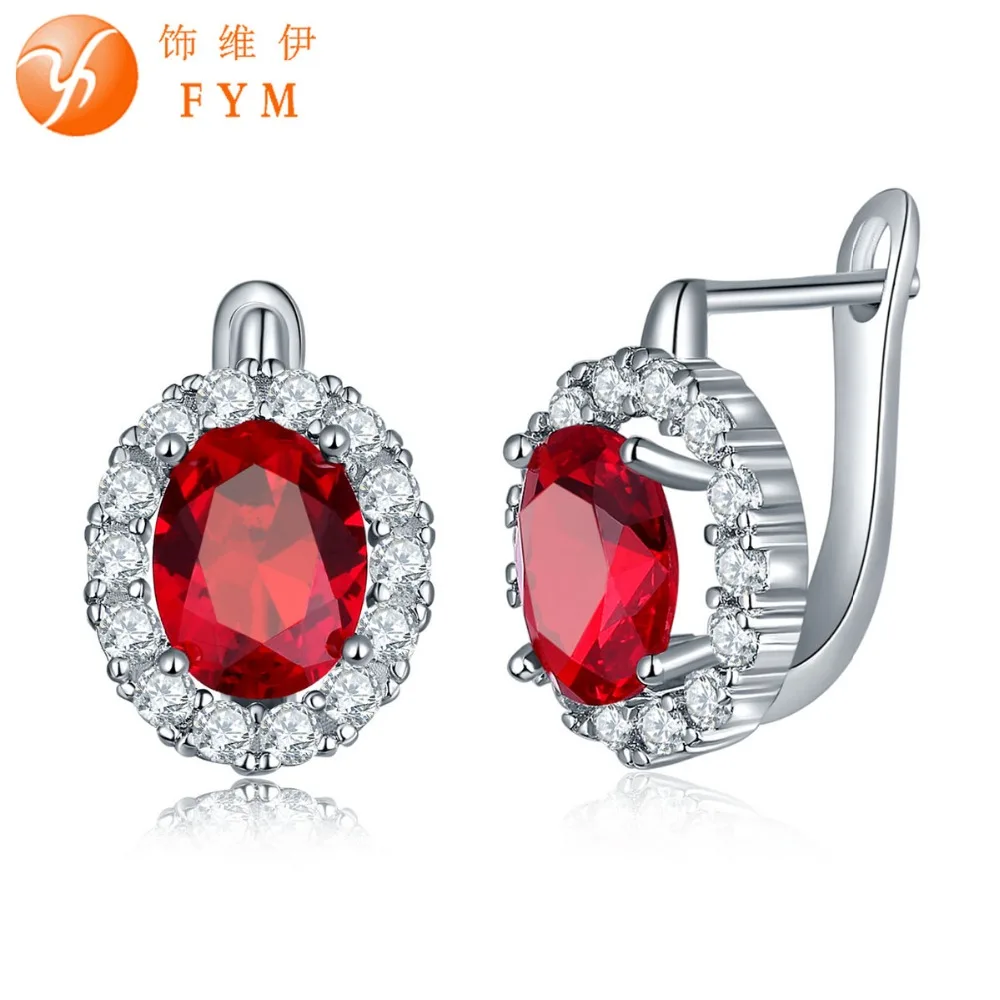 

FYM Brand 7 Colors Imitation Hoop Earrings Fine Jewelry Red Round Cubic Zircon Earrings Silver color Jewelry For Women