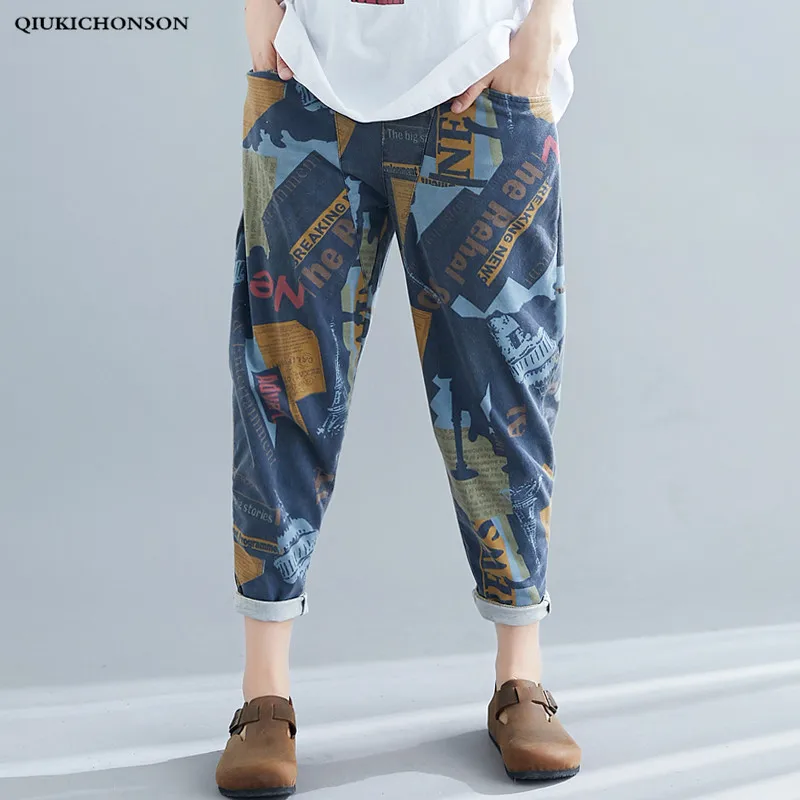 

Spring Summer Casual Loose Pants Women Plus Size Jeans Personality Graffiti Print Harem Pants Elastic Waist Trousers pantalon
