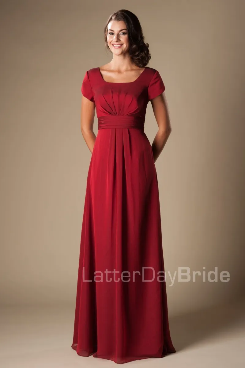Темно-красные шифоновые Длинные Формальные Длинные Скромные платья для подружки невесты с Кепка, рукава, классическое свадебное платье