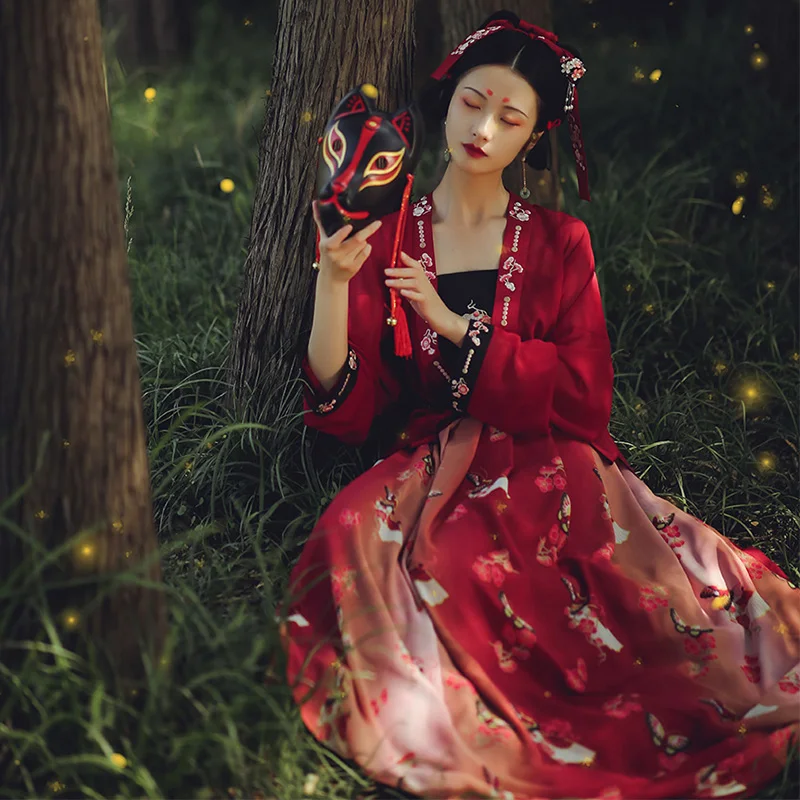 Красный Hanfu Женский Классический танцевальный костюм с принтом сливы