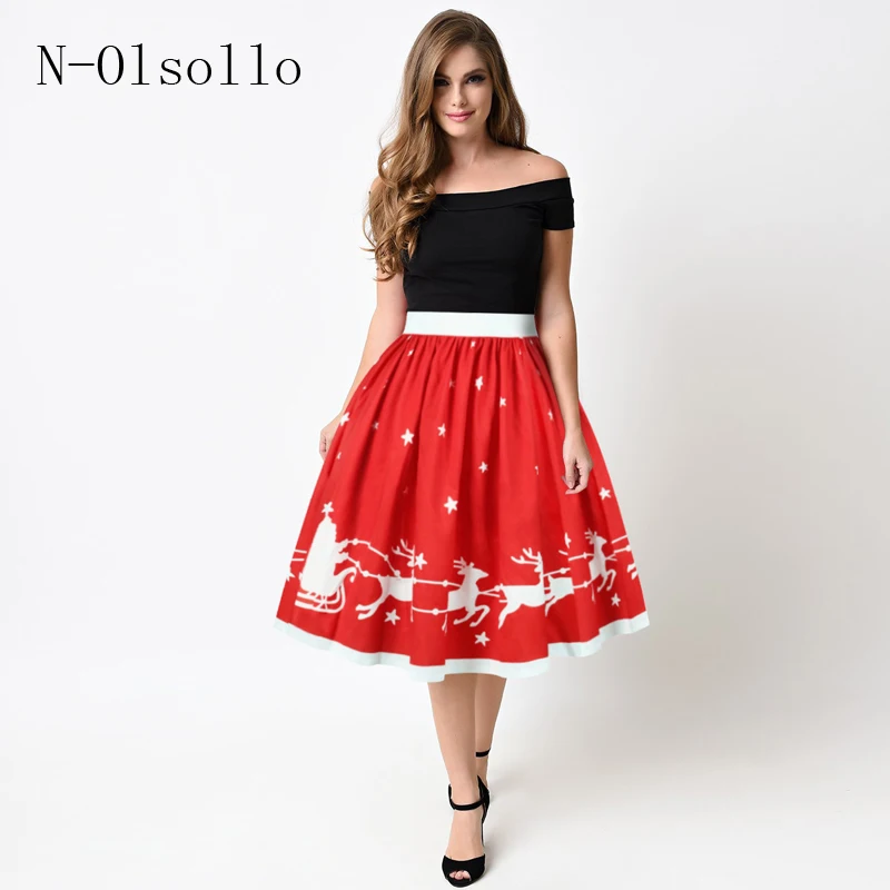 

Christmas Santa Claus on a deer Digital Printed Women Summer Skirts Empire Waist Knee-Length Sexy Red Skirts Holographic Skirts