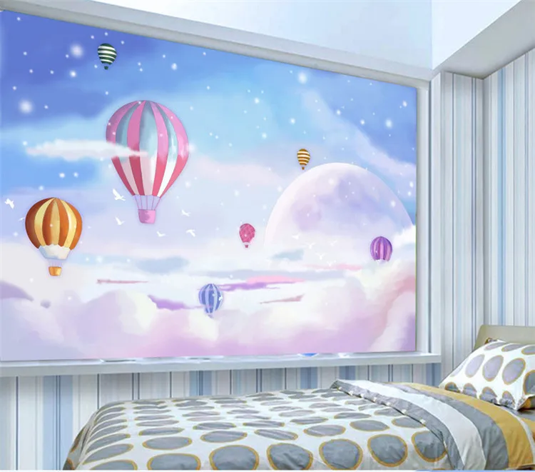 

Custom Any Size Mediterranean Hot Air Balloon Children's Room Bedroom Backdrop Wallpaper Non-woven 3D Cartoon Mural Wallpaper