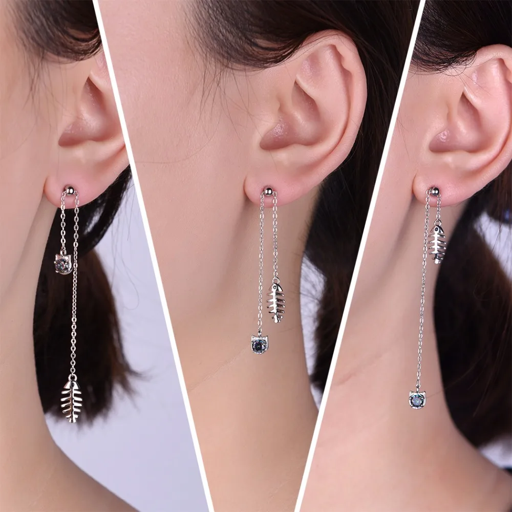 SILVERCUTE 925 пробы серебряные кошачьи и рыбные кости длинные висячие серьги для