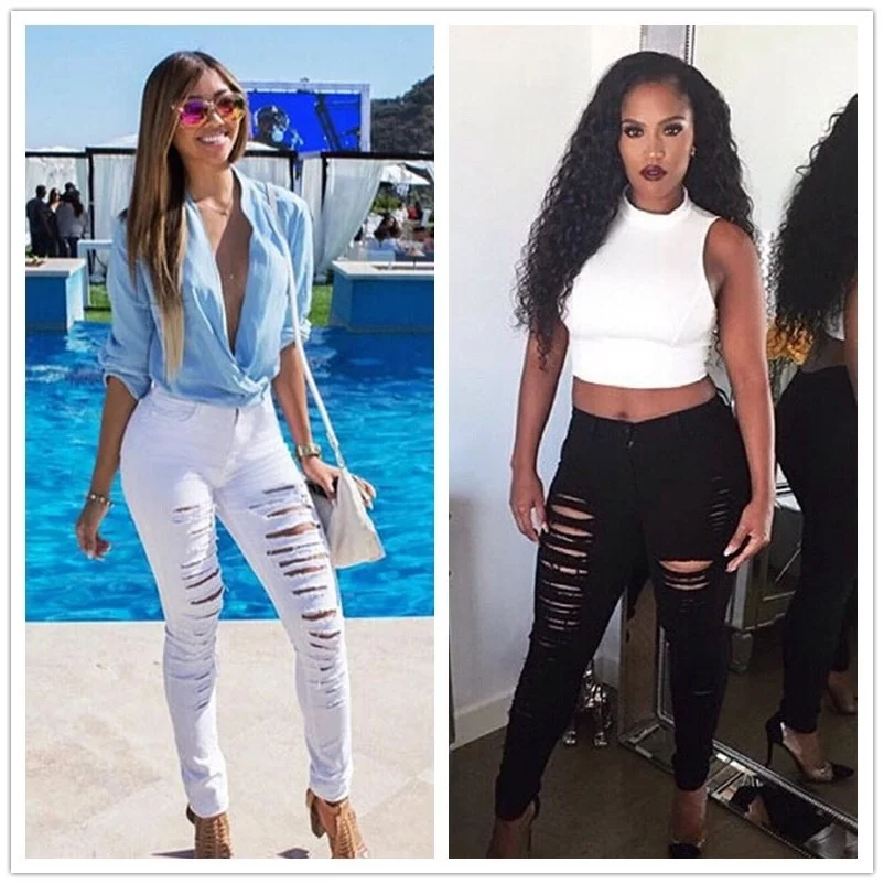 

Women Street Style Fashion Chic Sexy High Waist Heavy Ripped Destroyed Long Skinny Pants Black/White Pencil Slim Cool Pants
