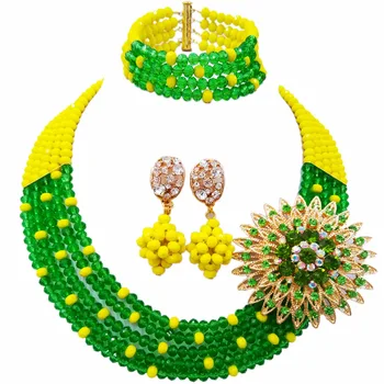 

Fashion Opaque Yellow Green Crystal Beaded Multi Strands Necklace Nigerian Wedding African Beads Jewelry Set for Women 5L-ZJ037