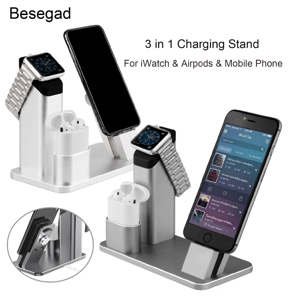 

Besegad 3 in1 Aluminum Alloy Charging Stand Holder for iPhone XS Max 8 Plus X 7 Apple Watch Series 1 2 3 4 Airpods iPad Air Mini