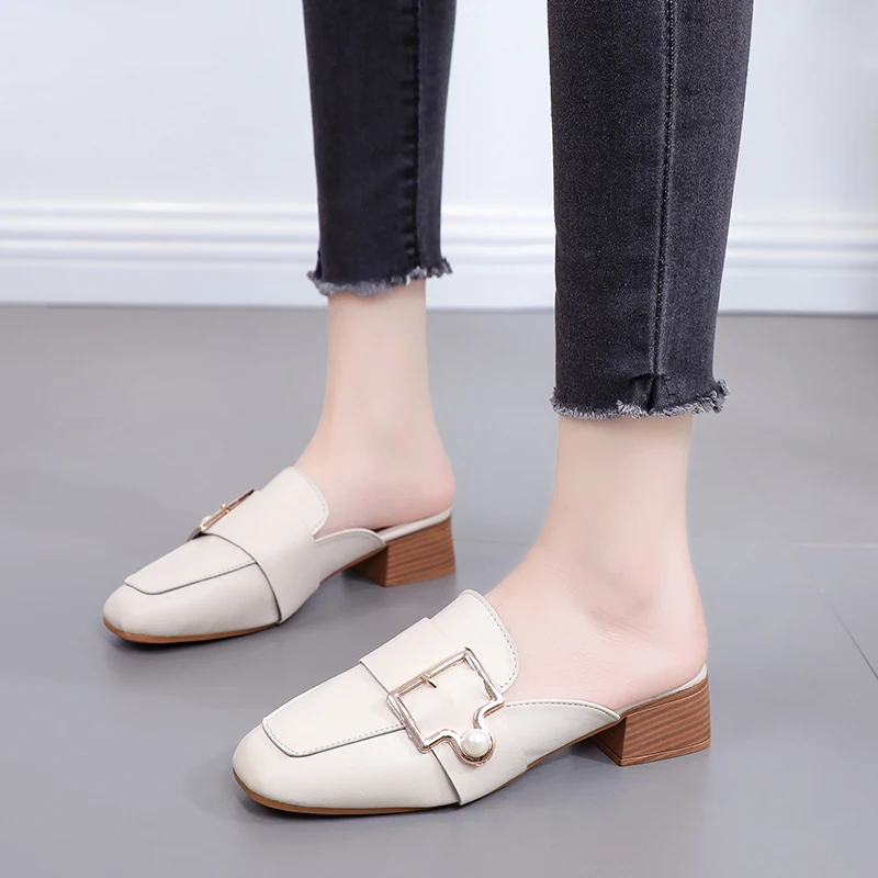 

Autumn Women Fashion Slippers Mules Lady Leather Casual Slides Belt Buckle Pointed Toe Mules Middle Heels Slippers Women Shoes