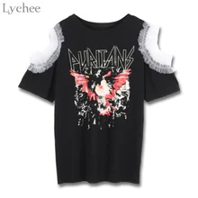 Lychee Милая Летняя женская футболка с принтом граффити, Кружевная Сетка, Лоскутная, с открытыми плечами, с коротким рукавом, с длинным рукавом, футболка, Топ
