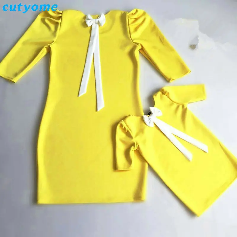 Family Look Matching Outfits Mother Daughter Dress Clothing Bow Mom And Daughter Dresses Half Sleeve Mommy And Me Summer Dresses (7)