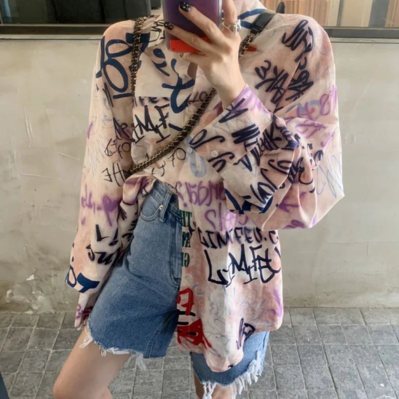 

Korea 2019 New fashion Colorful Letter Graffiti Women Blouse Shirts Long Sleeve Casual Loose Female Blouse Tops