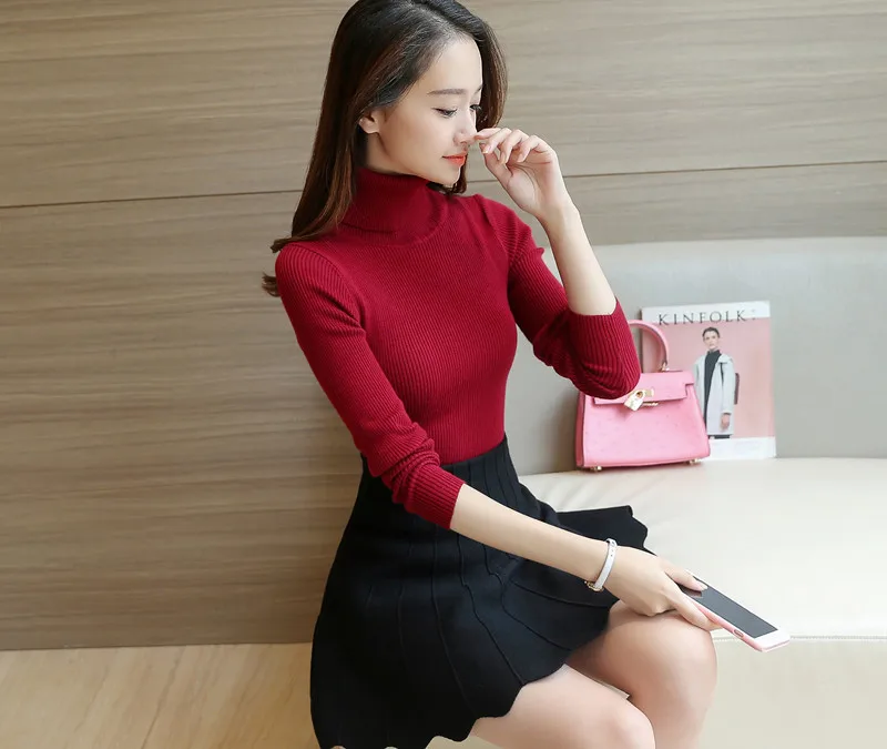 Вязаные женские свитера и пуловеры корейская мода свитер без каблука стрейч два лацкан 20 одноцветное черного цвета красный