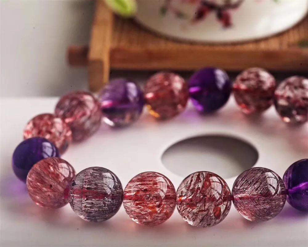 Подлинная натуральная Lepidocrocite кварц супер семь 7 фиолетовый рутилированные круглые Кристальные бусины браслет 12,3 мм для женщин AAAAAA сертификат