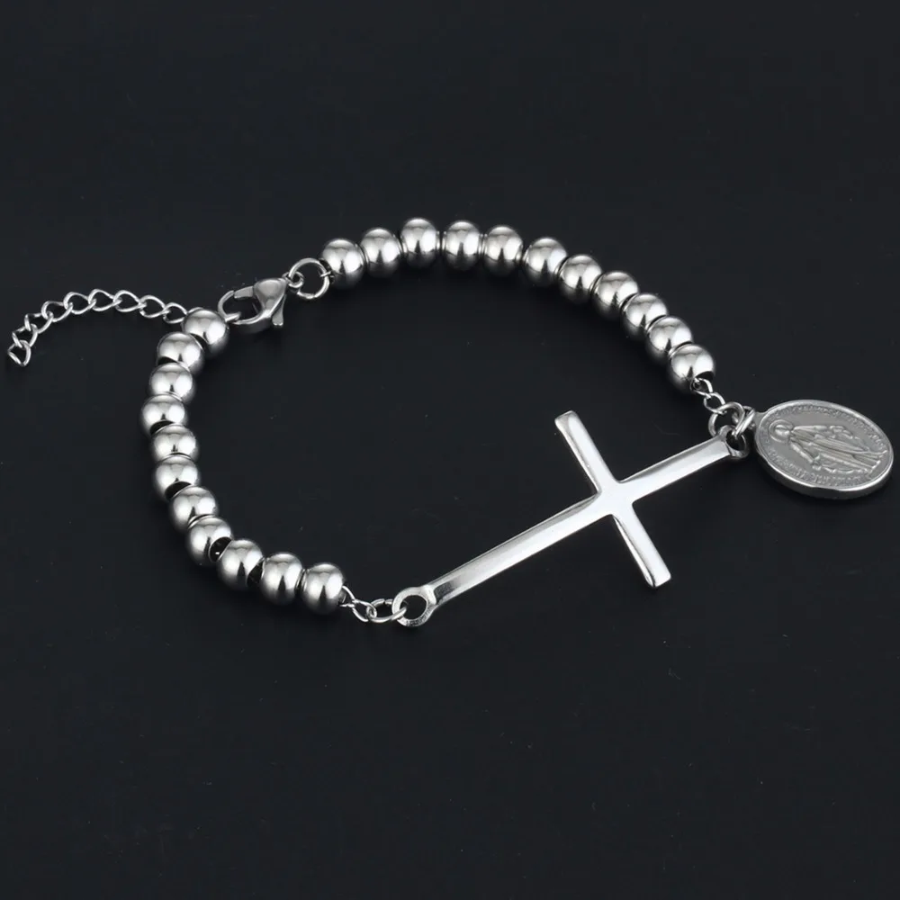 

Stainless Steel Virgin Mary Pendant Bracelet Women Cross Beads Cuff Bracelet Charm Statement Jewelry Mother Gifts Pulseras SL25