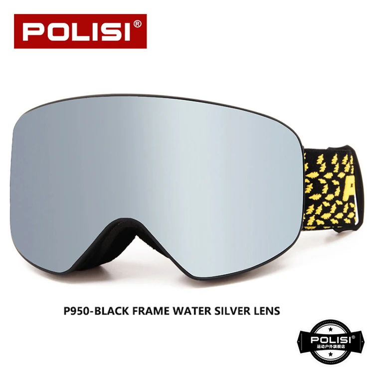 POLISI Лыжные очки противотуманные горнолыжные очки copozz UV400 Защита большой вид сферические двухслойные линзы для мужчин и женщин ветрозащитная Гибкая оправа P950 - Цвет: Черный